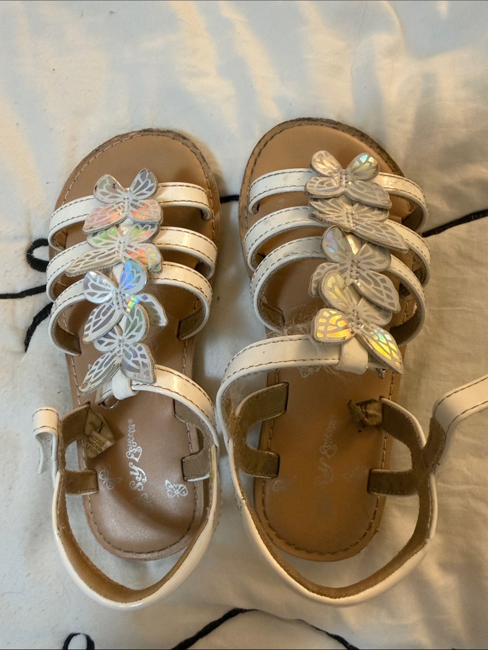 Self Esteem Girls White Sandals with Iridescent Butterfly Accents